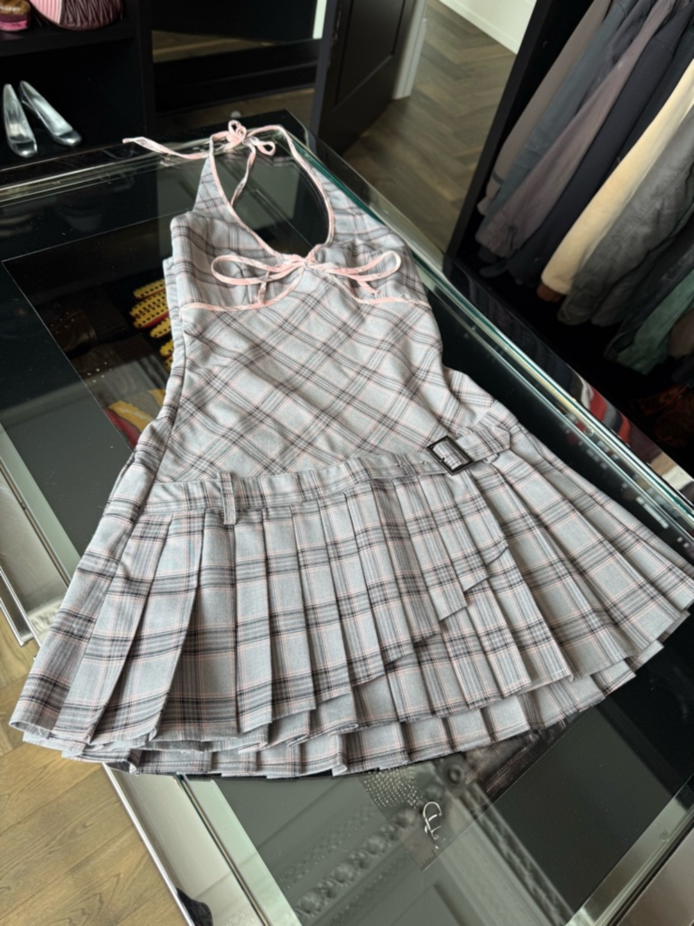 Sweet Chilling Plaid Halter Mini Dress with Pink Trim